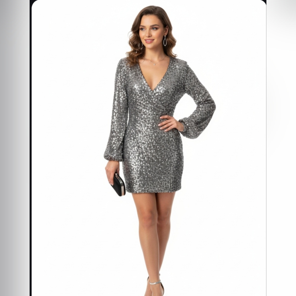 O.P.T Silver Sequin Long Sleeve Open Back Mini Dress NWOT XS